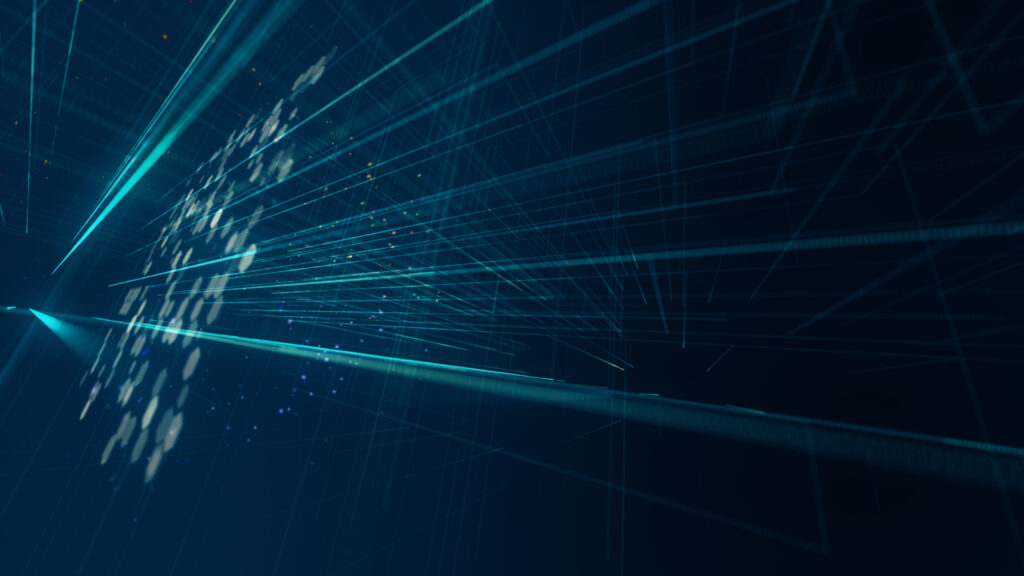 llustration of dynamic blue light streaks radiating outward on a dark background, representing high-speed data transfer and interconnectedness within secure access service edge (SASE) technology, as explored on Coevolve's page about next-generation SASE solutions.