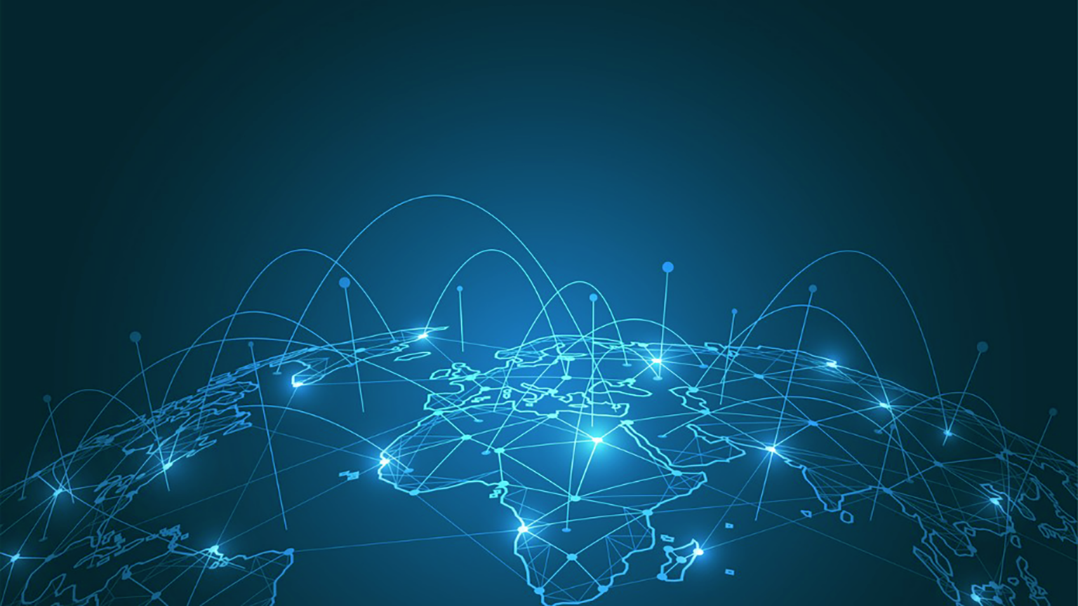 Stylized digital illustration of a world map on a dark blue background with bright blue network connections spanning across continents, symbolizing Coevolve's global reach and interconnected office locations as outlined on the 'Office Locations' page of Coevolve website