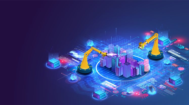 Robot with artificial intelligence create design house or home, architecture building concept. Modern building, smart city. Construction, development, architecture.